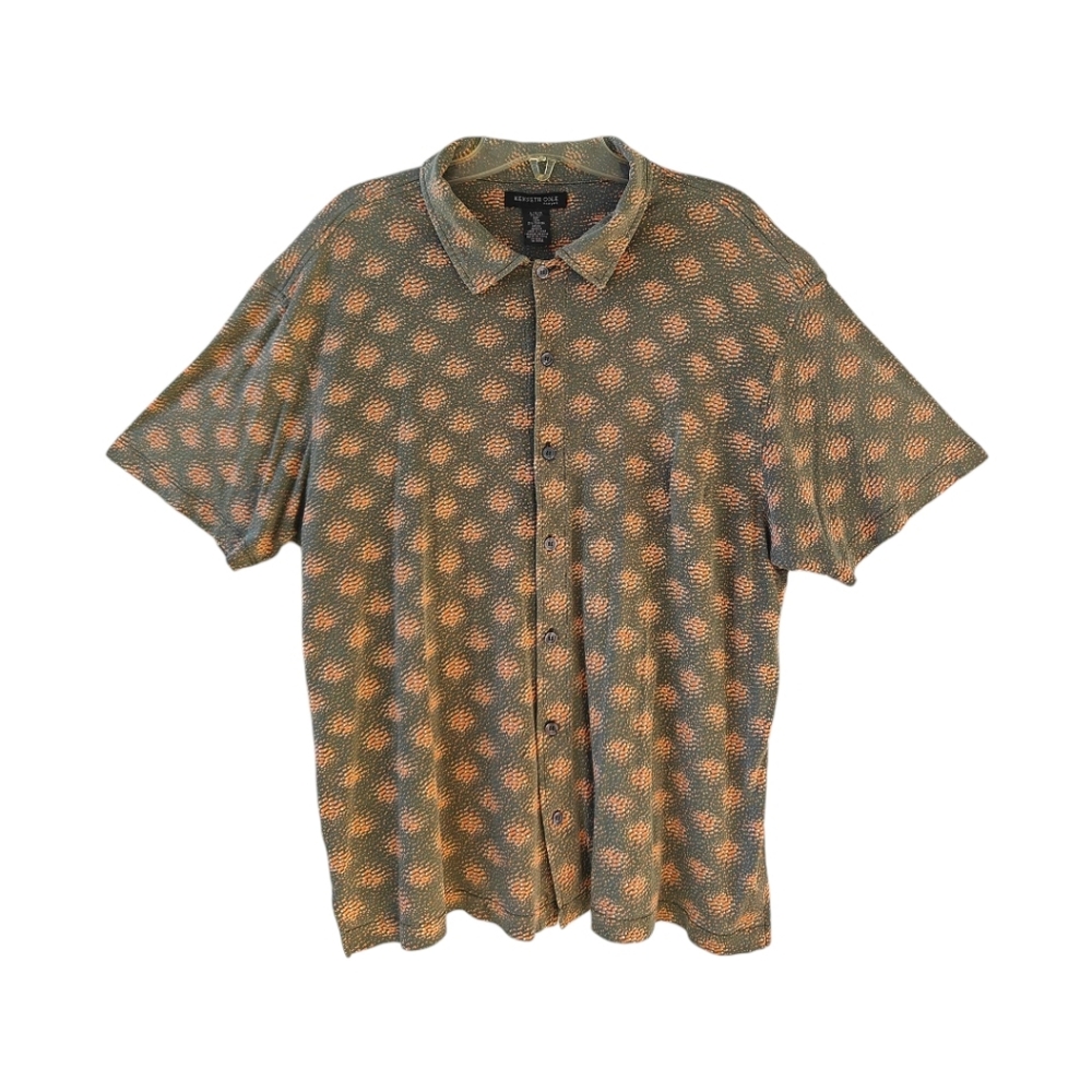 Kenneth Cole Silk Gray & Orange Patterned Button Down Shirt | Size L